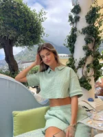 Knitted Waffle Collar Cropped Top Minty Green