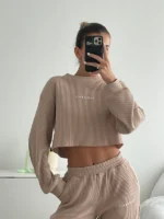 Knitted Waffle Cropped Top Coffee Brown