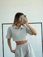 Knitted Waffle Collar Cropped Top Light Grey