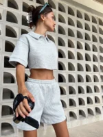 Knitted Waffle Collar Cropped Top Light Grey