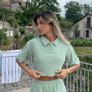 Knitted Waffle Collar Cropped Top Minty Green