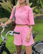 Sustainable Micro Waffle Zip-up Collar Top Barbie Pink